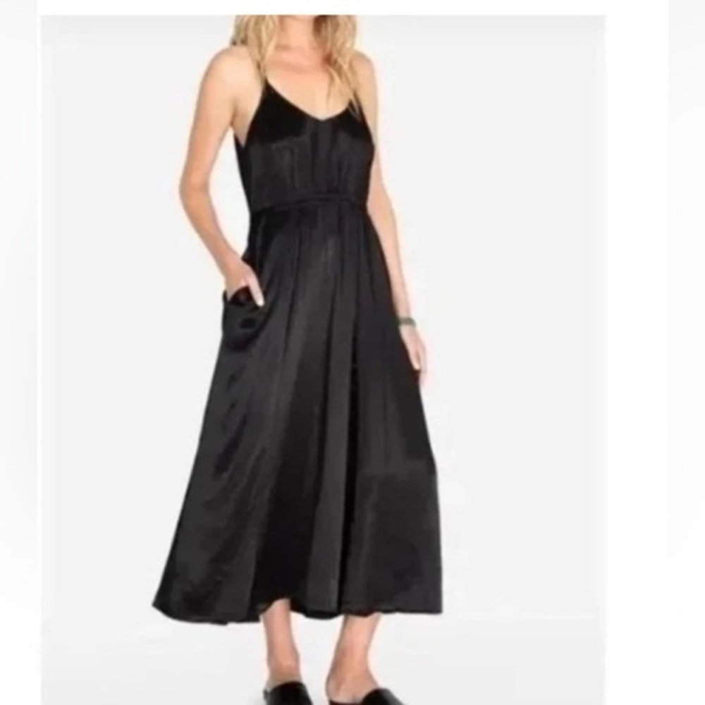 Johnny Was Calme Satin Women's Size XSmall Black Viscose Midi Dress Waist Tie